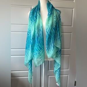 🆕️NWT Accents by Lavello Chiffon Blue Green Zebra Print‎ Scarf Shawl Open Vest
